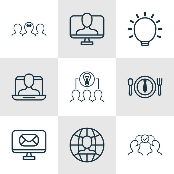 Conjunto de 9 iconos de gestión empresarial. Incluye cena, cooperación, trabajo global y otros símbolos. Hermosos elementos de diseño
. - Vector, imagen