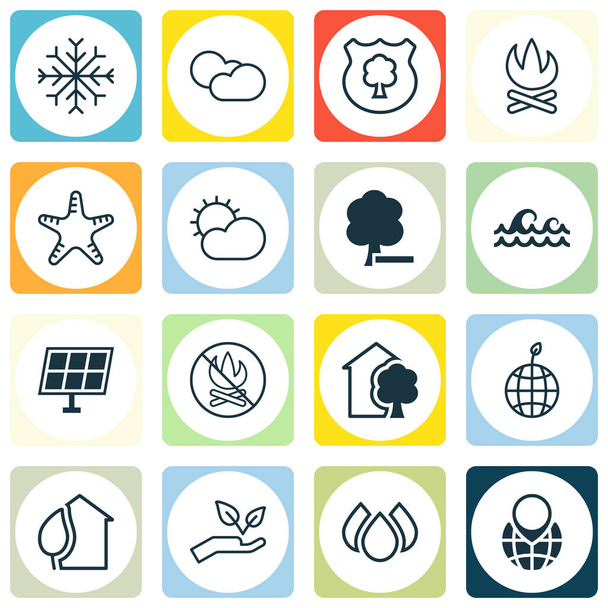 Set di 16 icone eco-compatibili. Include legname, fuoco vietato, falò e altri simboli. Bellissimi elementi di design
. - Vettoriali, immagini