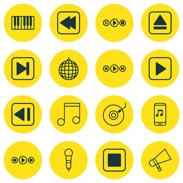 Conjunto de 16 iconos de audio. Incluye la última canción, control de música, megáfono y otros símbolos. Hermosos elementos de diseño
. - Vector, Imagen