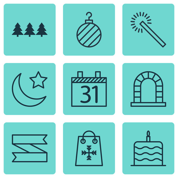 Conjunto de 9 ícones de férias. Inclui data, ornamento de férias, bolo de celebração e outros símbolos. Elementos de design bonito
. - Vetor, Imagem
