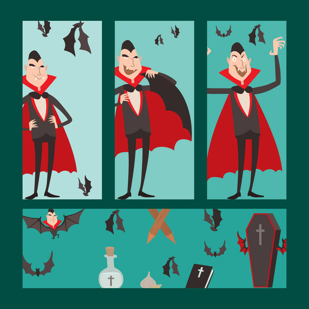 Rajzfilm Drakula vektor kártyák szimbólumok ikonok vámpír karakter vicces ember vicces halloween és a mágia helyesírás boszorkányság szellem éjszaka ördög mese illusztráció. - Vektor, kép