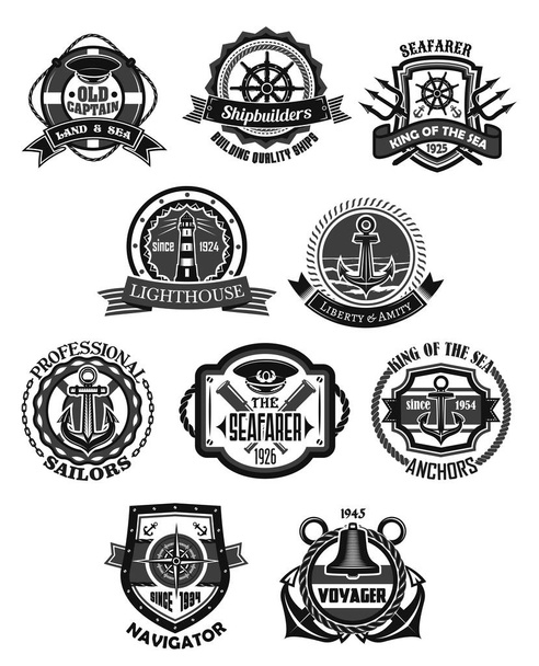 Nautische embleem en mariene heraldische badge set - Vector, afbeelding
