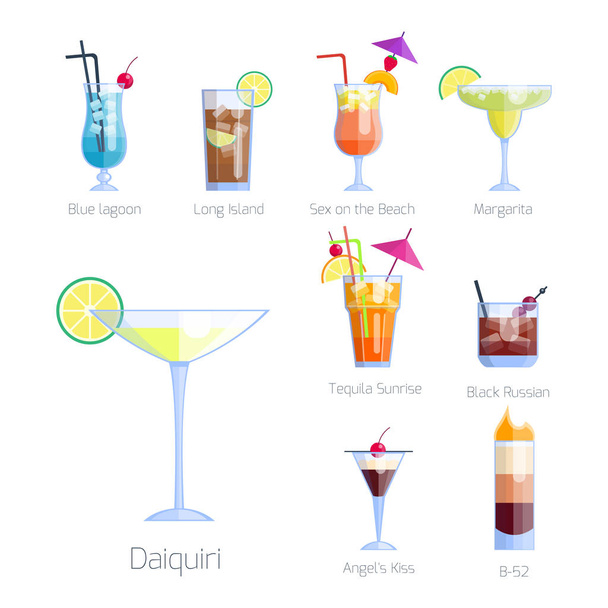 Set of alcoholic cocktails isolated fruit cold drinks tropical cosmopolitan freshness collection and party alcohol sweet tequila vector illustration. - Vector, afbeelding
