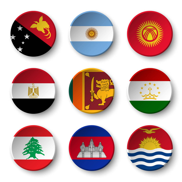 Set of world flags round badges ( Papua New Guinea . Argentina . Kyrgyzstan . Egypt . Sri Lanka. Tajikistan . Lebanon . Cambodia . Kiribati  - Vettoriali, immagini