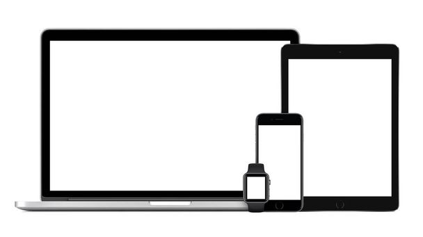 Computadora portátil con tablet pc smartphone y smartwatch. Macbook, ipad, iphone y Apple Watch maqueta sensible
. - Foto, Imagen