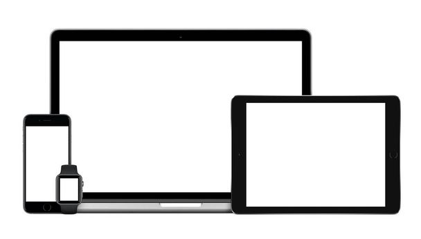 Μικροεφαρμογές που έχουν οριστεί με φορητό υπολογιστή Tablet PC smartphone. MacBook, iPad, iPhone και Apple Watch με απόκριση Ματού. - Φωτογραφία, εικόνα