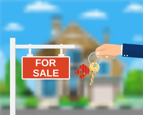 Sale placard sign. Hand of agent with keys. - Vector, Image