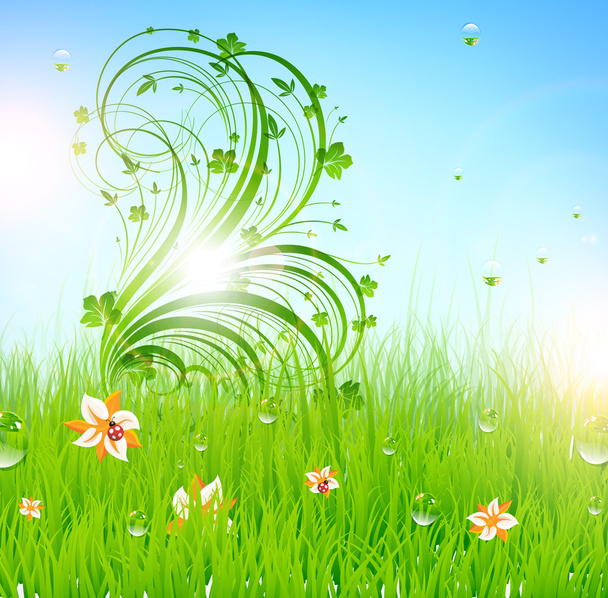 Літо Векторні трав'яні шпалери з квітами, сонечком, краплями і світанком сонця
 - Вектор, зображення