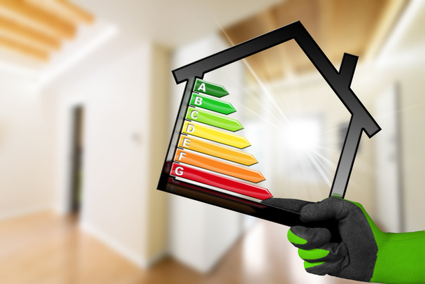 Efektywności energetycznej - Symbol z modelu dom - Zdjęcie, obraz
