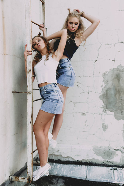lifestyle and people concept: Fashion portrait of two stylish girls best friends wearing jeans skirts, outdoors on the roof. Happy summer time for fun. - Фото, зображення
