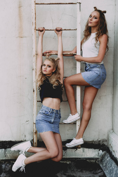 lifestyle and people concept: Fashion portrait of two stylish girls best friends wearing jeans skirts, outdoors on the roof. Happy summer time for fun. - Photo, Image