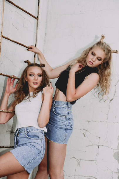 Lifestyle- und People-Konzept: Modeporträt zweier stilvoller Freundinnen in Jeansröcken, draußen auf dem Dach. fröhliche Sommerzeit zum Spaß. - Foto, Bild