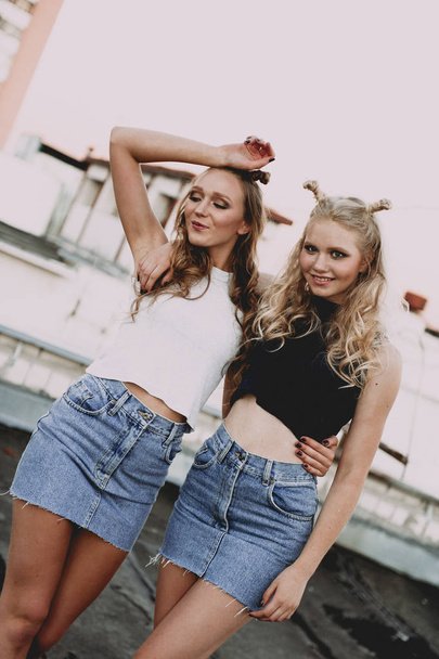 koncepcja życia i ludzi: moda portret dwa stylowe dziewczyny przyjaciele nosi spódnice jeans, na zewnątrz na dachu. Szczęśliwy czas letni dla zabawy. - Zdjęcie, obraz