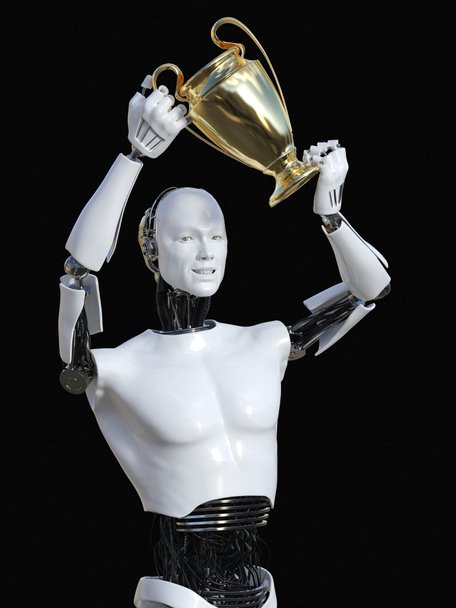 トロフィー賞を保持している男性ロボットの 3 d レンダリング. - 写真・画像