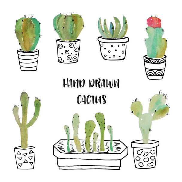 Lindos cactus vectoriales dibujados a mano en macetas
. - Vector, imagen
