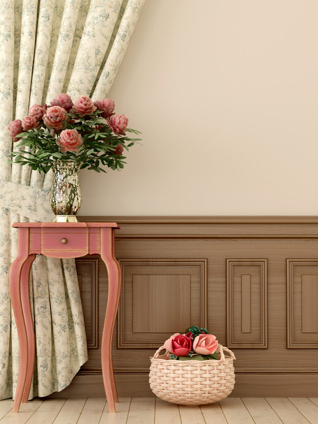 Mesa rosa con flores
 - Foto, imagen
