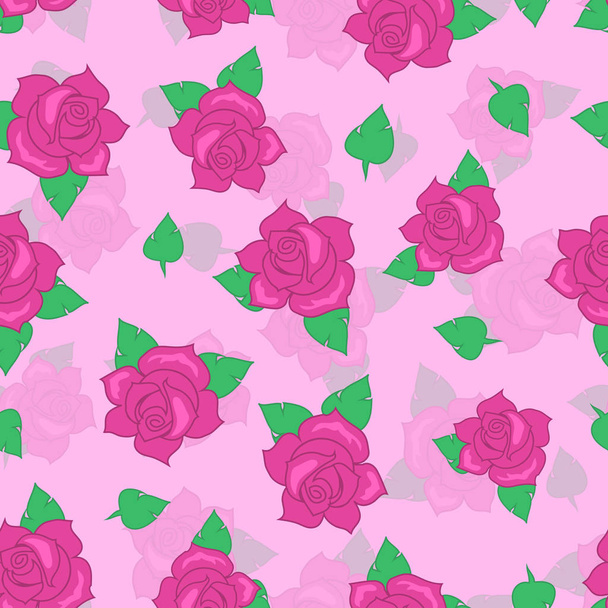 Pink Rose with Green Leaf Seamless Pattern Vector - Vektor, obrázek