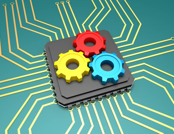 3d illustration of processor with a gear wheels. rendered illust - Photo, Image