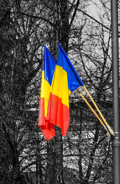 ルーマニアの旗ルーマニアの国民日、太陽、青い空 - 写真・画像