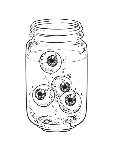 Human eyeballs in glass jar isolated. Sticker, print or blackwork tattoo hand drawn vector illustration - Vector, Image