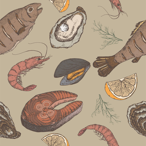 Hand drawn seafood vector color seamless pattern - Вектор, зображення