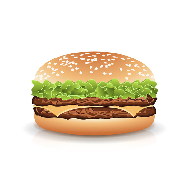 ファーストフード ハンバーガー現実的なベクトル。ハンバーガー ファーストフード サンドイッチ エンブレム現実的な白い背景イラストを分離 - ベクター画像
