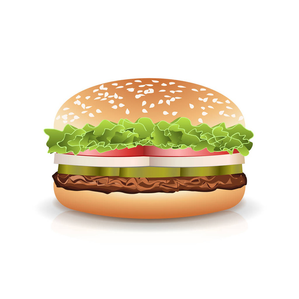 Fast Food gerçekçi Burger vektörü. Beyaz arka plan illüstrasyon izole hamburger Fast Food sandviç amblemi gerçekçi - Vektör, Görsel