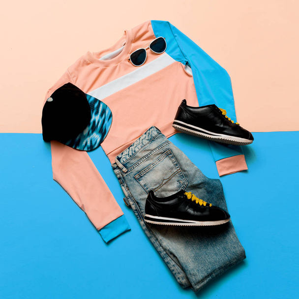 Fashionable Sports Jacket and Jeans. Sneakers Hipster. Pastel Su - Photo, image