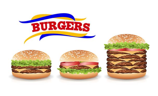 ファーストフード ハンバーガー現実的なベクトル。ハンバーガー ファーストフード サンドイッチ エンブレム現実的に孤立した白い背景イラストを設定します。 - ベクター画像