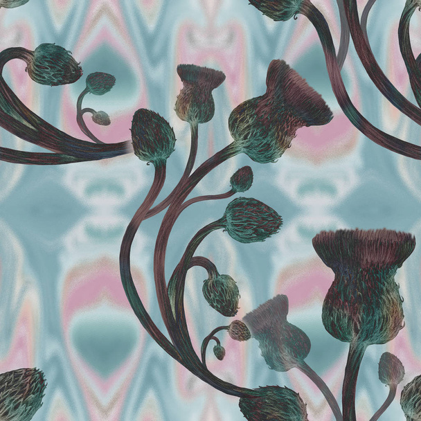 Thistle - knoppen en bloemen. Abstracte wallpaper met bloemmotieven. Naadloze patroon. Behang.  - Foto, afbeelding