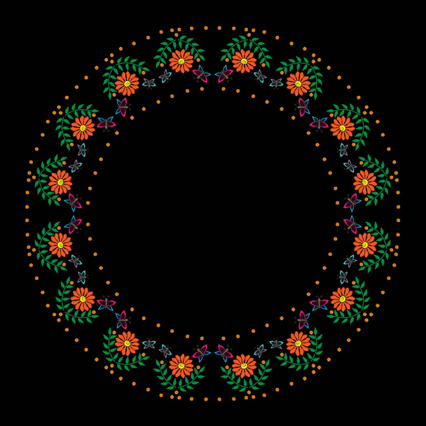 Embroidery stitches imitation round frame with orange flower and - Вектор,изображение