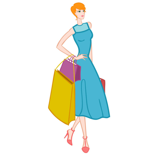 Fasionable girl with shopping bags. Vector illustration. - Vector, Image
