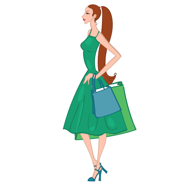 Fasionable girl with shopping bags. Vector illustration. - Vektör, Görsel
