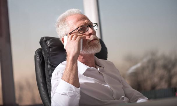 Retrato de un hombre de negocios mayor barbudo hablando por teléfono móvil
,  - Foto, imagen