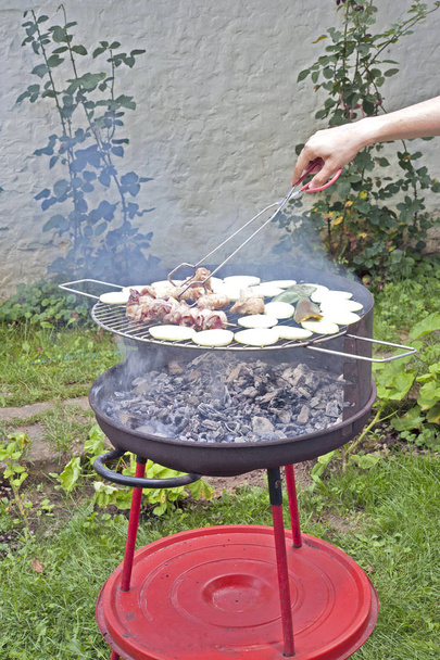 Grilling marinated meat on a charcoal grill - Fotografie, Obrázek