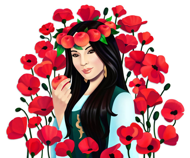 Digital retrato asiático mulher com maçãs e papoula flores
 - Foto, Imagem