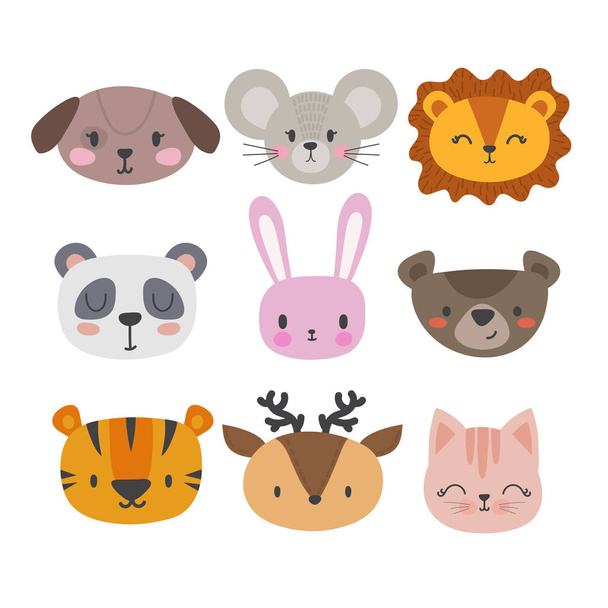 Set of cute hand drawn smiling animals. Cat, panda, tiger, dog, deer, lion, bunny, mouse and bear. Cartoon zoo - Vector, Imagen
