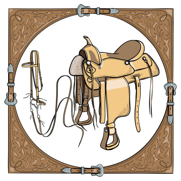 Cowboy saddle and bridle in the western leather frame on white background.  - ベクター画像