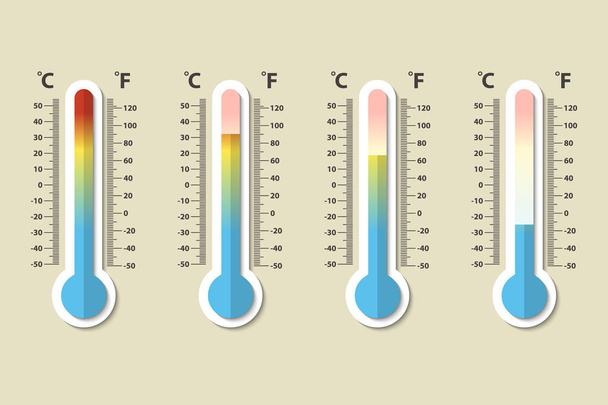 Vector icons of Celsius and Fahrenheit meteorology thermometers measuring heat, normal and cold in flat style. Design template in EPS10. - Vector, imagen