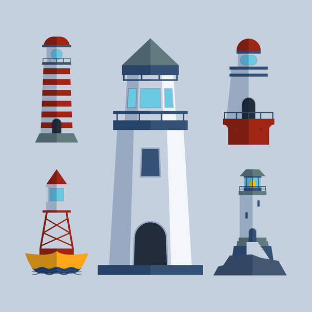 Cartoon flat lighthouse searchlight tower for maritime navigation guidance light vector illustration. - Vector, afbeelding