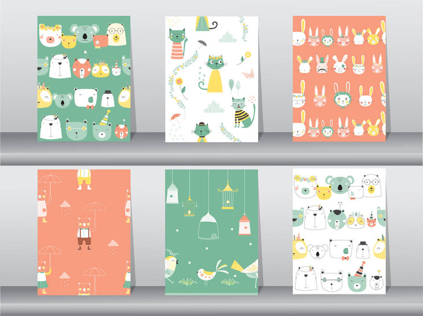 set of seamless patterns with funny cartoon animals,bear,cat,bird,Vector illustrations - Vector, Image