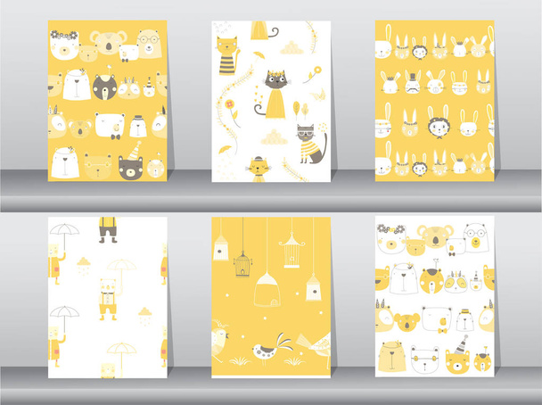 set of seamless patterns with funny cartoon animals,bear,cat,bird,Vector illustrations - Vector, Image
