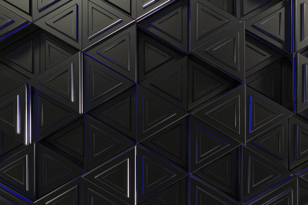 Pattern of black triangle prisms with blue glowing lines - Fotoğraf, Görsel