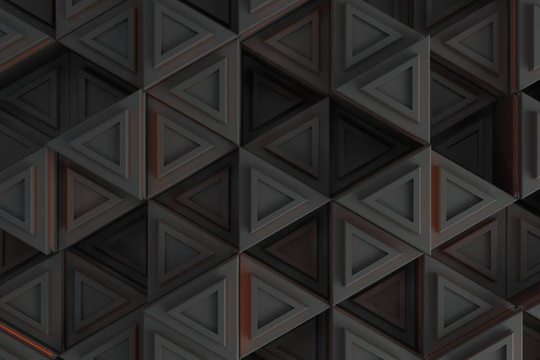 Pattern of grey triangle prisms with orange glowing lines - Fotoğraf, Görsel