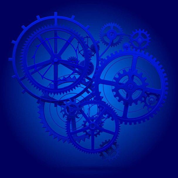 Blue gear wheels of clockwork in blue light - Vector, Image