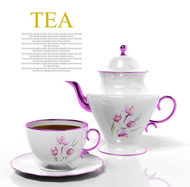 Porcelana czajnik i filiżanki na białym tle - Zdjęcie, obraz