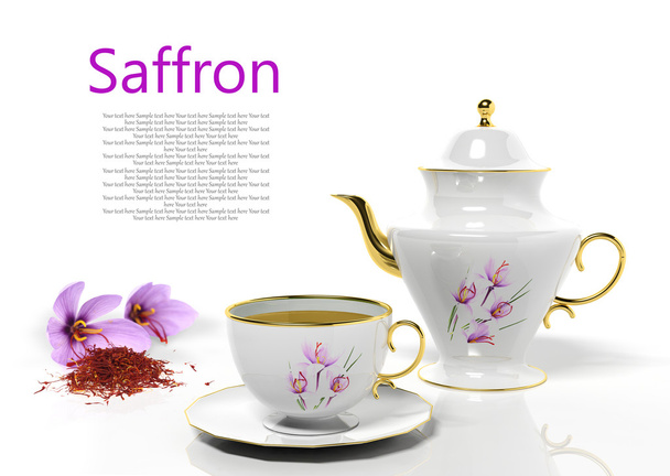 Tetera y taza de té con azafrán
 - Foto, imagen