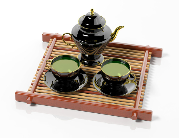 Черный чайник и чашки на деревянном подносе
 - Фото, изображение