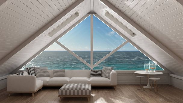 Janela panorâmica no mar aberto oceano, loft mezanino, sala de estar
  - Foto, Imagem
