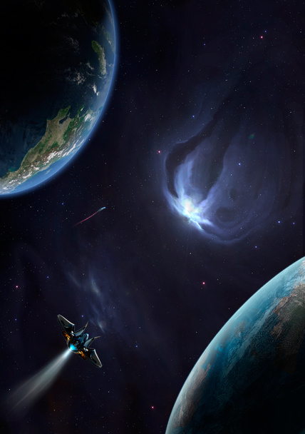 Raumschiff fliegen durch zwei Planeten. Weltraumszene in blau und violett - Foto, Bild